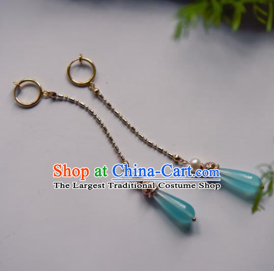 Chinese Ancient Princess Blue Tassel Ear Accessories Traditional Hanfu Earrings for Women