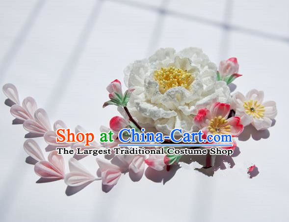 Japanese Geisha Kimono White Peony Tassel Hair Claw Hairpins Traditional Hair Accessories for Women