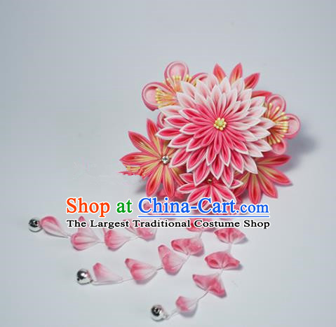 Japanese Geisha Kimono Pink Chrysanthemum Tassel Hair Claw Hairpins Traditional Yamato Hair Accessories for Women