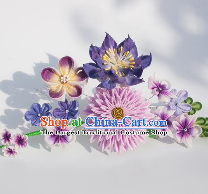 Japanese Geisha Kimono Purple Lotus Chrysanthemum Hairpins Traditional Yamato Hair Accessories for Women