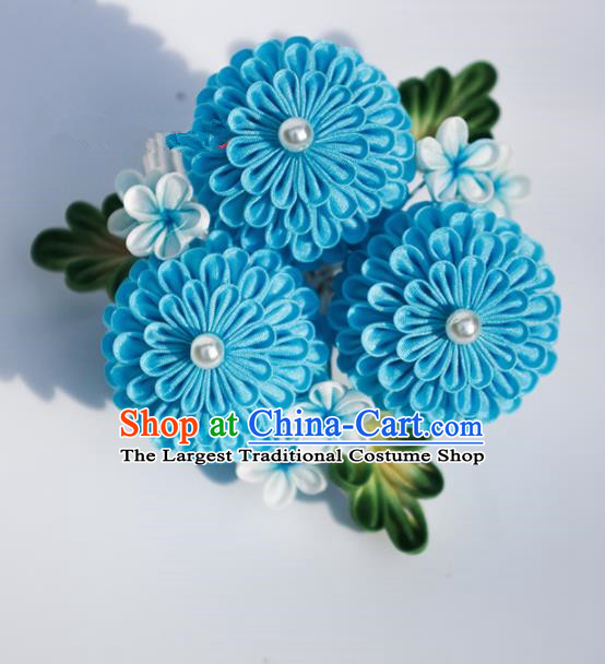 Japanese Geisha Kimono Blue Chrysanthemum Hair Claw Hairpins Traditional Yamato Hair Accessories for Women