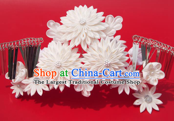 Japanese Geisha Kimono White Chrysanthemum Hair Crown Hairpins Traditional Yamato Hair Accessories for Women