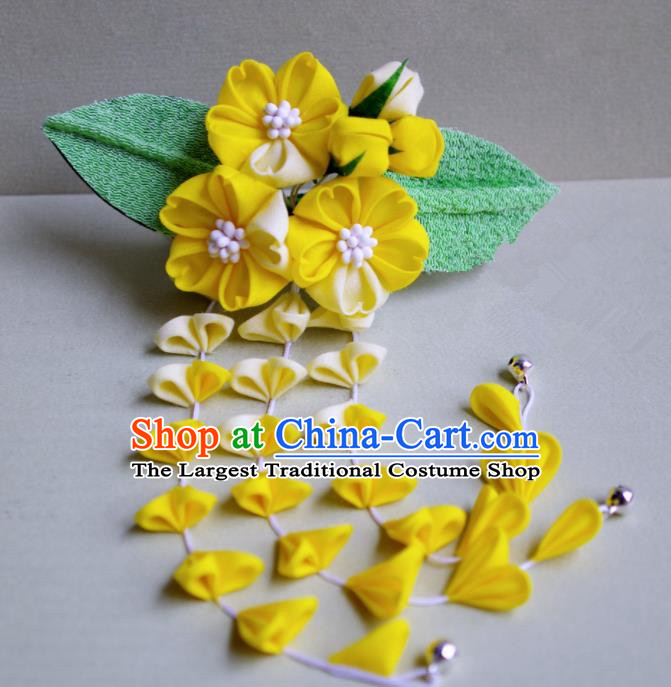 Japanese Geisha Kimono Yellow Cherry Blossom Tassel Hair Claw Hairpins Traditional Yamato Hair Accessories for Women