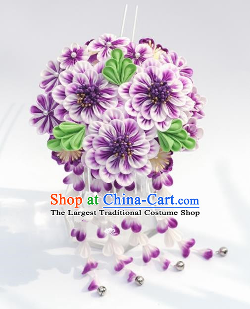 Japanese Geisha Kimono Purple Peony Ball Tassel Hairpins Traditional Yamato Hair Accessories for Women