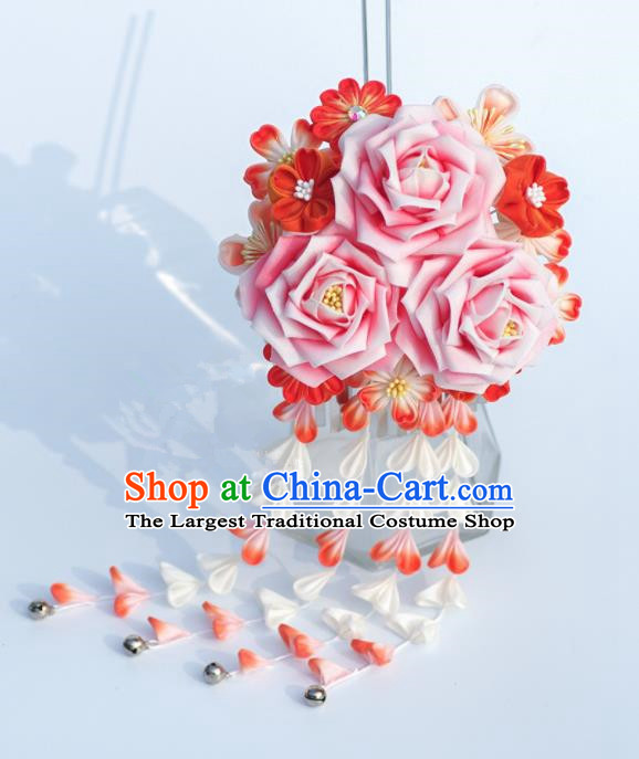 Japanese Geisha Kimono Pink Roses Tassel Hairpins Traditional Yamato Hair Accessories for Women