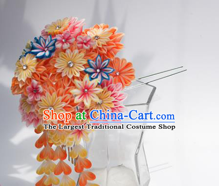 Japanese Geisha Kimono Orange Chrysanthemum Tassel Hairpins Traditional Yamato Hair Accessories for Women