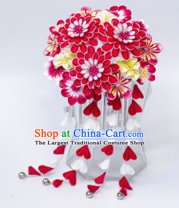 Japanese Geisha Kimono Red Peony Tassel Hairpins Traditional Yamato Hair Accessories for Women