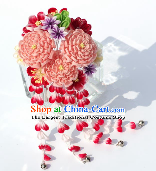 Japanese Geisha Kimono Pink Peony Tassel Hairpins Traditional Yamato Hair Accessories for Women