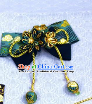 Japanese Geisha Kimono Green Bowknot Bells Tassel Hair Claw Hairpins Traditional Yamato Hair Accessories for Women