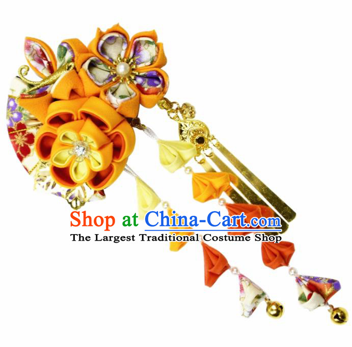 Japanese Geisha Kimono Orange Sakura Bells Tassel Hair Claw Hairpins Traditional Yamato Hair Accessories for Women