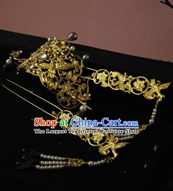 Chinese Ancient Ming Dynasty Golden Crane Hairpins Hair Crown Traditional Hanfu Hair Accessories for Women