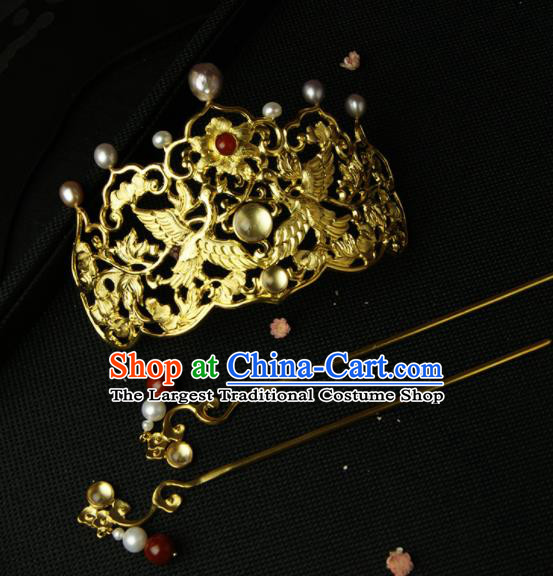 Chinese Ancient Ming Dynasty Hairpins Golden Crane Hair Crown Traditional Hanfu Hair Accessories for Women