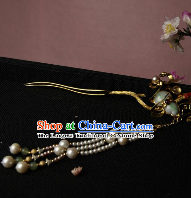 Chinese Ancient Ming Dynasty Jade Cucurbit Tassel Hairpins Hair Clip Traditional Hanfu Hair Accessories for Women