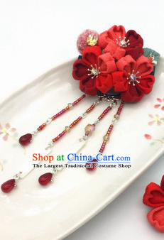 Japanese Geisha Oiran Kimono Red Sakura Tassel Hair Stick Hairpins Traditional Yamato Hair Accessories for Women