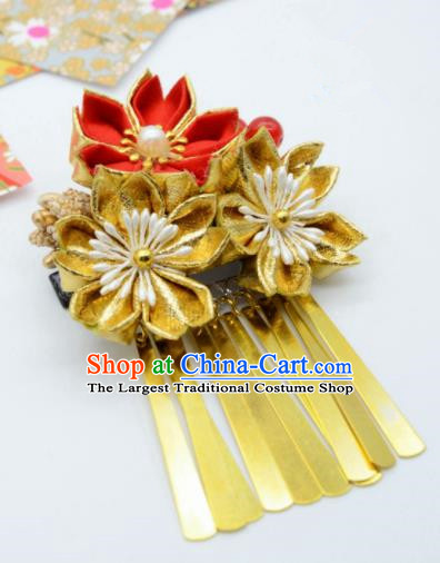 Japanese Geisha Courtesan Kimono Golden Sakura Tassel Hair Claw Hairpins Traditional Yamato Hair Accessories for Women