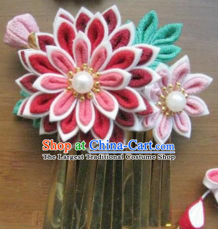 Japanese Geisha Courtesan Pink Chrysanthemum Hair Claw Hairpins Traditional Yamato Kimono Hair Accessories for Women