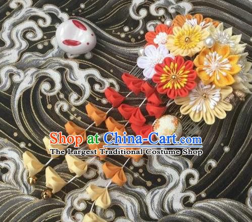 Japanese Geisha Courtesan Kimono Yellow Chrysanthemum Tassel Hair Comb Hairpins Traditional Yamato Hair Accessories for Women