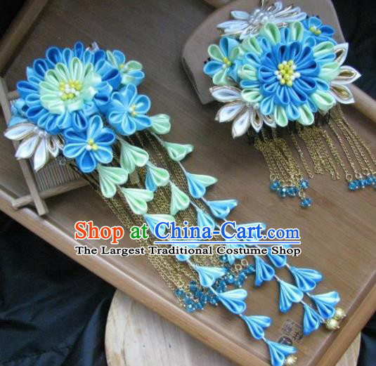 Japanese Geisha Courtesan Blue Chrysanthemum Hair Comb and Hairpins Traditional Yamato Kimono Hair Accessories for Women