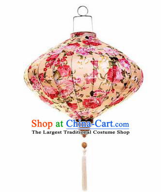 Chinese Traditional Beige Silk Hanging Lantern New Year Handmade Painting Peony Palace Lanterns