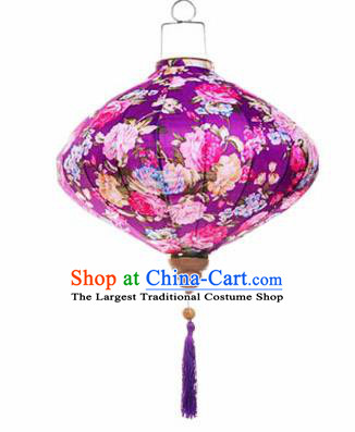 Chinese Traditional Purple Silk Hanging Lantern New Year Handmade Painting Peony Palace Lanterns