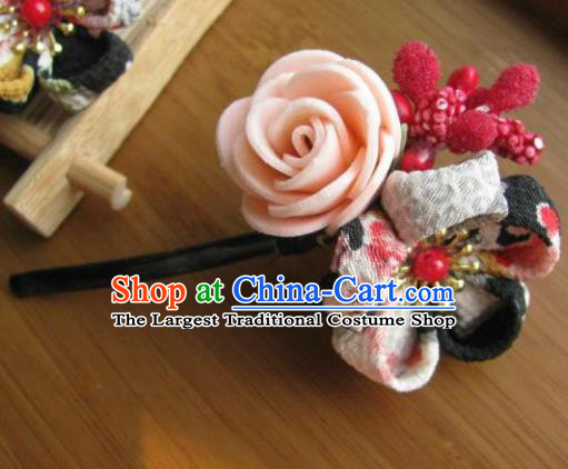 Japanese Geisha Courtesan Pink Rose Sakura Hairpin Traditional Yamato Kimono Hair Accessories for Women