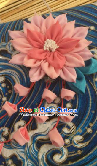 Japanese Geisha Courtesan Kimono Pink Lotus Tassel Hair Claw Hairpins Traditional Yamato Hair Accessories for Women