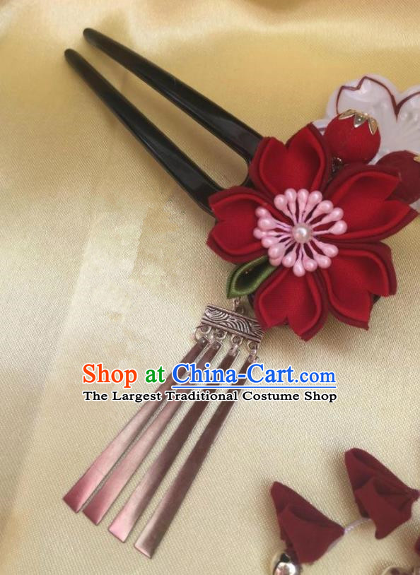 Japanese Geisha Courtesan Kimono Red Sakura Hairpins Traditional Yamato Hair Accessories for Women