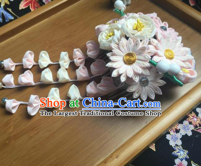 Japanese Geisha Courtesan Kimono White Chrysanthemum Tassel Hair Comb Hairpins Traditional Yamato Hair Accessories for Women