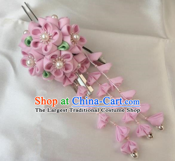 Japanese Geisha Courtesan Kimono Pink Sakura Tassel Hairpins Traditional Yamato Hair Accessories for Women