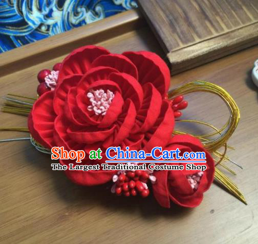 Japanese Geisha Courtesan Kimono Red Camellia Hairpins Traditional Yamato Hair Accessories for Women