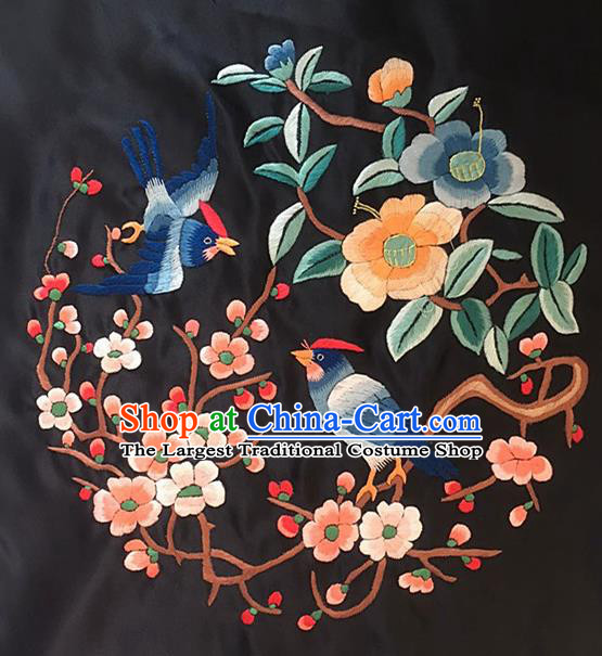 Chinese Handmade Traditional Embroidery Craft Embroidered Plum Birds Silk Fabric Patch