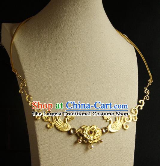 Chinese Ancient Court Golden Phoenix Necklace Traditional Princess Hanfu Necklet Accessories for Women
