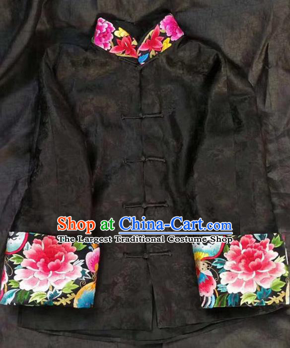 Chinese Traditional Tang Suit Embroidered Peony Black Coat National Costume Qipao Shirt for Women