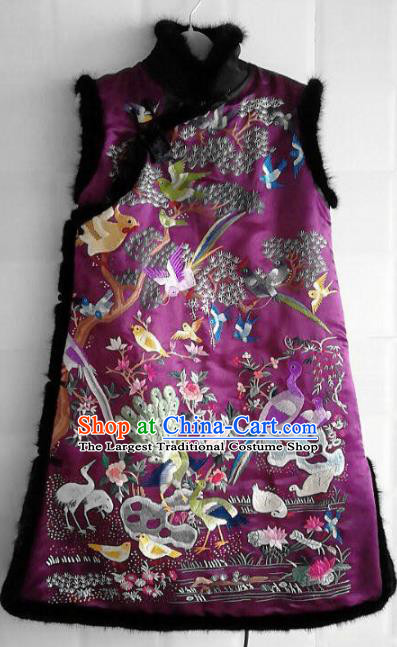 Chinese Traditional Tang Suit Embroidered Purple Vest National Costume Qipao Shirt for Women