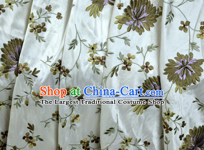 Chinese Traditional Embroidered Chrysanthemum Pattern Design White Silk Fabric Brocade Asian Satin Material