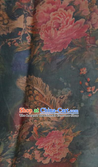 Chinese Traditional Peony Plum Pattern Design Navy Satin Brocade Fabric Asian Silk Material