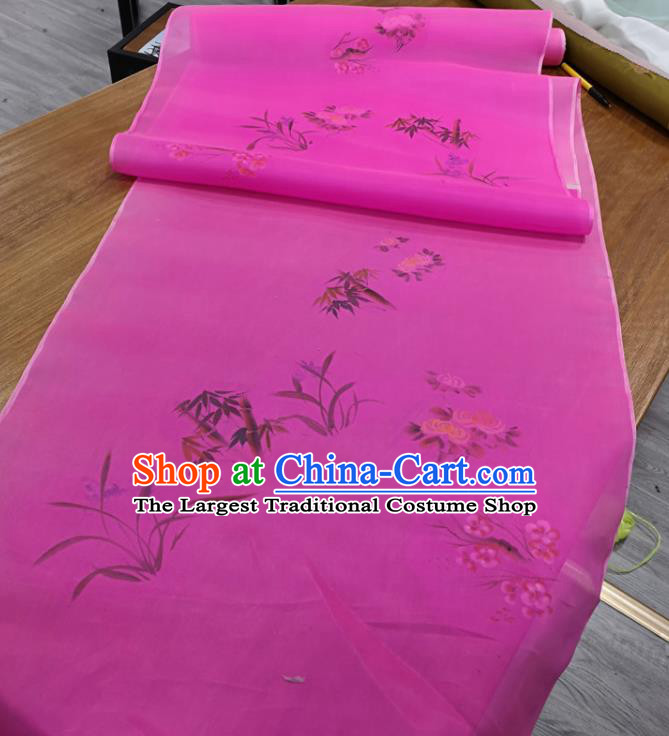 Chinese Traditional Plum Blossoms Orchid Bamboo Chrysanthemum Pattern Design Rosy Silk Fabric Brocade Asian Satin Material