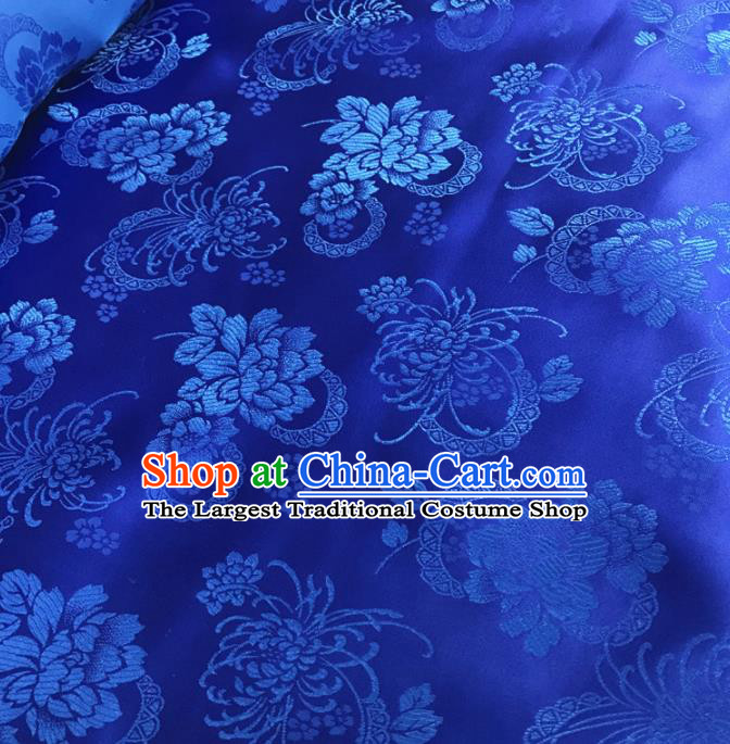 Traditional Chinese Royal Chrysanthemum Peony Pattern Design Royalblue Brocade Silk Fabric Asian Satin Material