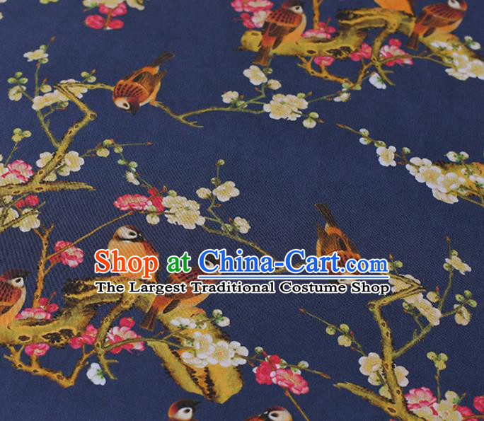 Chinese Traditional Plum Birds Pattern Design Cheongsam Navy Satin Brocade Fabric Asian Silk Material