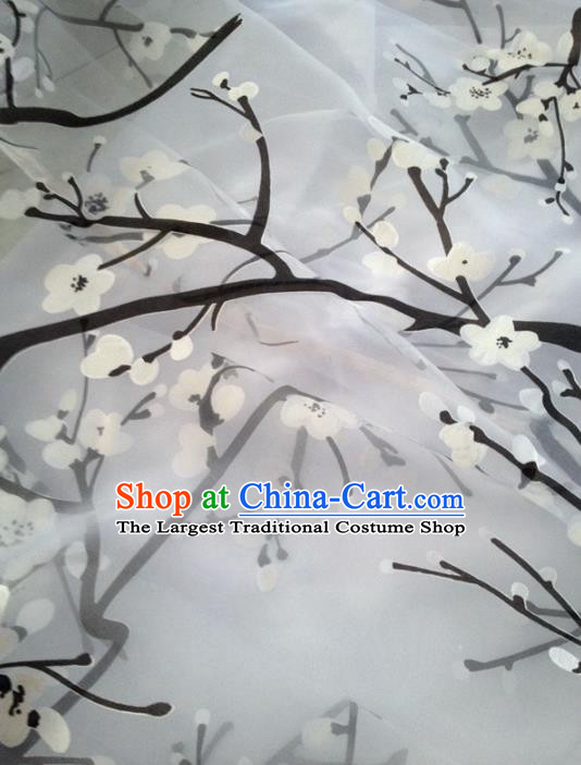 Chinese Traditional White Plum Pattern Design Satin Hanfu Brocade Fabric Asian Silk Material