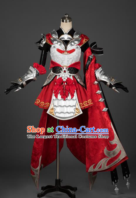 Chinese Ancient Cosplay Female General Armor Heroine Red Dress Traditional Hanfu Swordsman Costume for Women