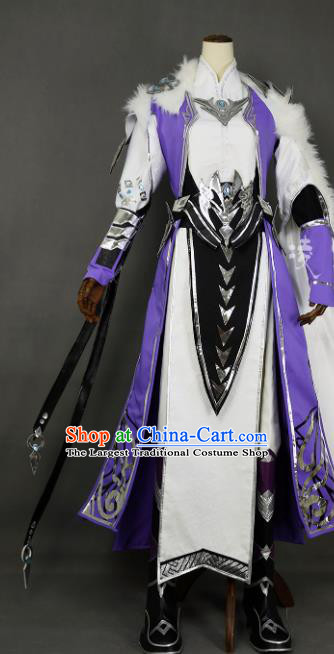 Chinese Ancient Cosplay Young Hero Purple Clothing Traditional Hanfu Swordsman Costume for Men