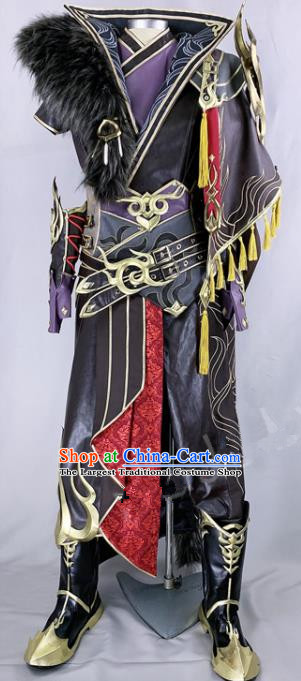 Chinese Ancient Drama Cosplay Young General Knight Black Armor Clothing Traditional Hanfu Swordsman Costume for Men