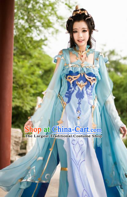 Chinese Ancient Cosplay Fairy Princess Blue Dress Traditional Hanfu Female Knight Swordsman Costume for Women