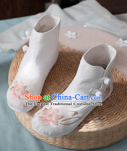 Asian Chinese Traditional Embroidered Lotus White Boots Hanfu Shoes National Cloth Shoes for Women