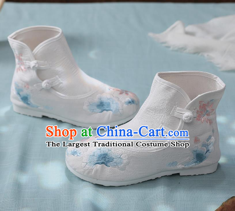 Asian Chinese Traditional Embroidered Lotus Leaf White Boots Hanfu Shoes National Cloth Shoes for Women