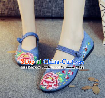 Asian Chinese Traditional Ethnic Blue Embroidered Shoes Hanfu Wedding Shoes National Cloth Shoes for Women