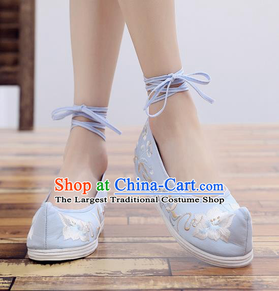 Asian Chinese National Cloth Shoes Blue Embroidered Camellia Dance Shoes Traditional Hanfu Shoes for Women