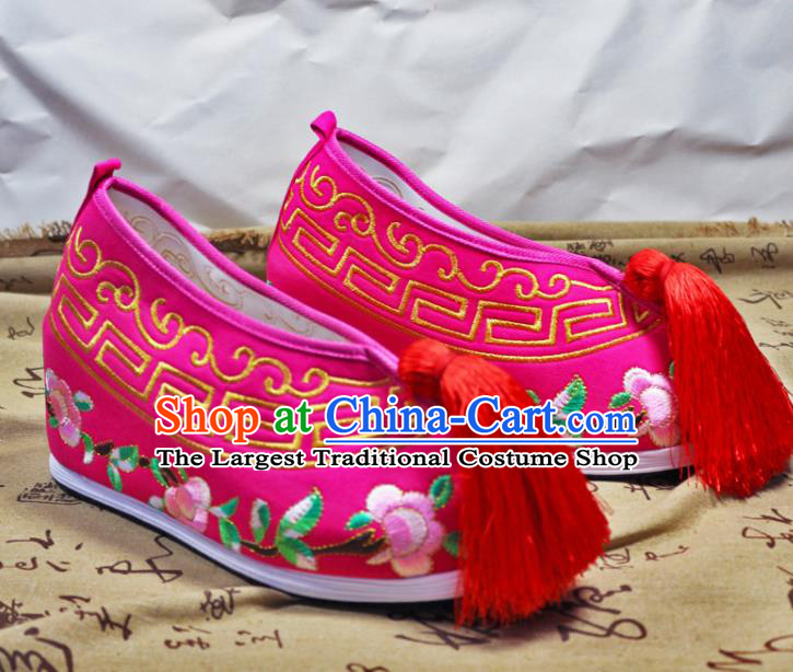 Asian Chinese Traditional Beijing Opera Rosy Embroidered Shoes Ancient Princess Shoes Hanfu Shoes for Women