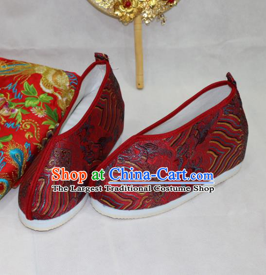 Asian Chinese Traditional Purplish Red Blood Stained Shoes Ancient Princess Wedding Shoes Hanfu Shoes for Women